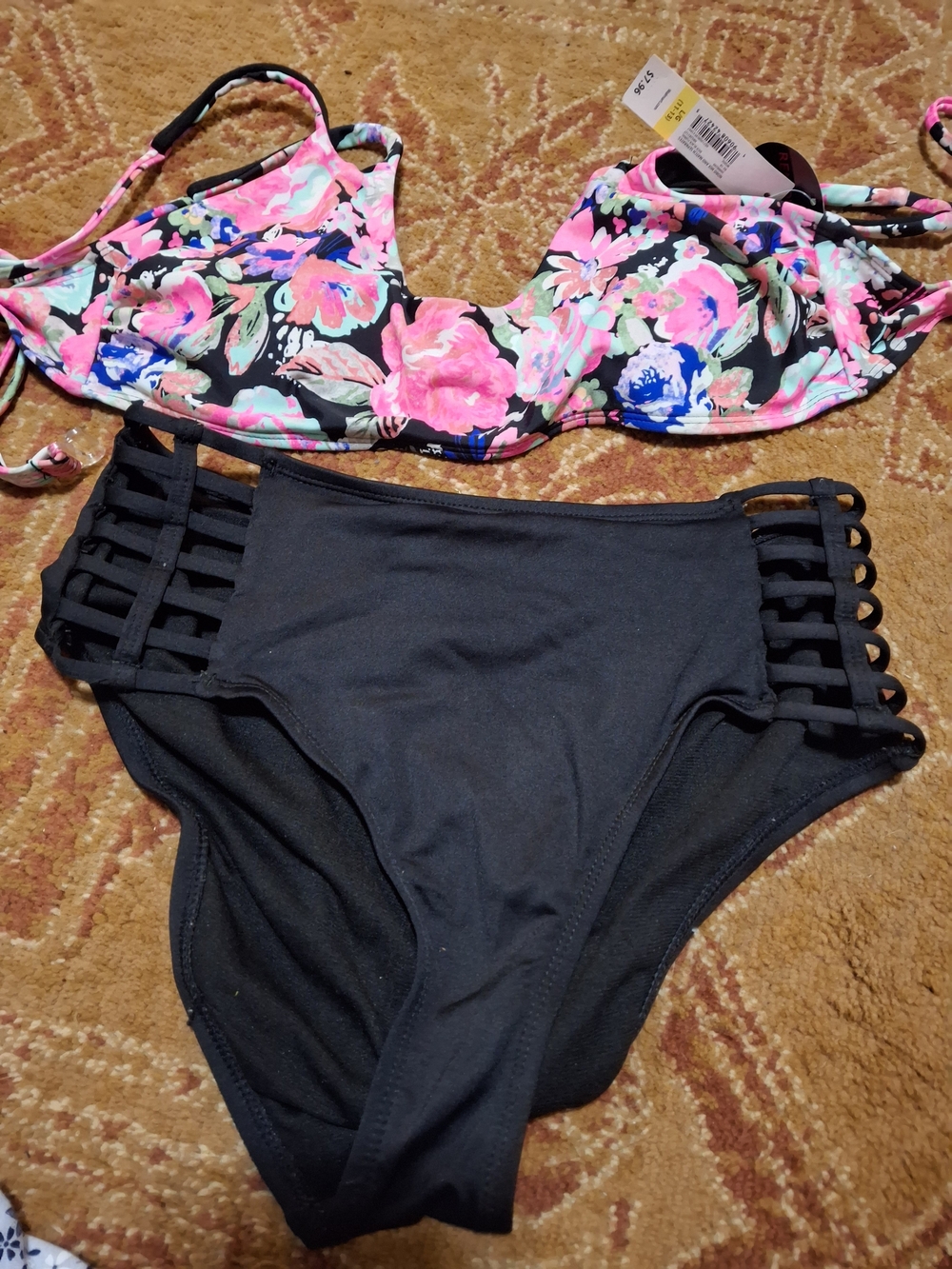 Shade & Shore Floral Bikini Top Black Lattice High Waist Bottoms  SW115